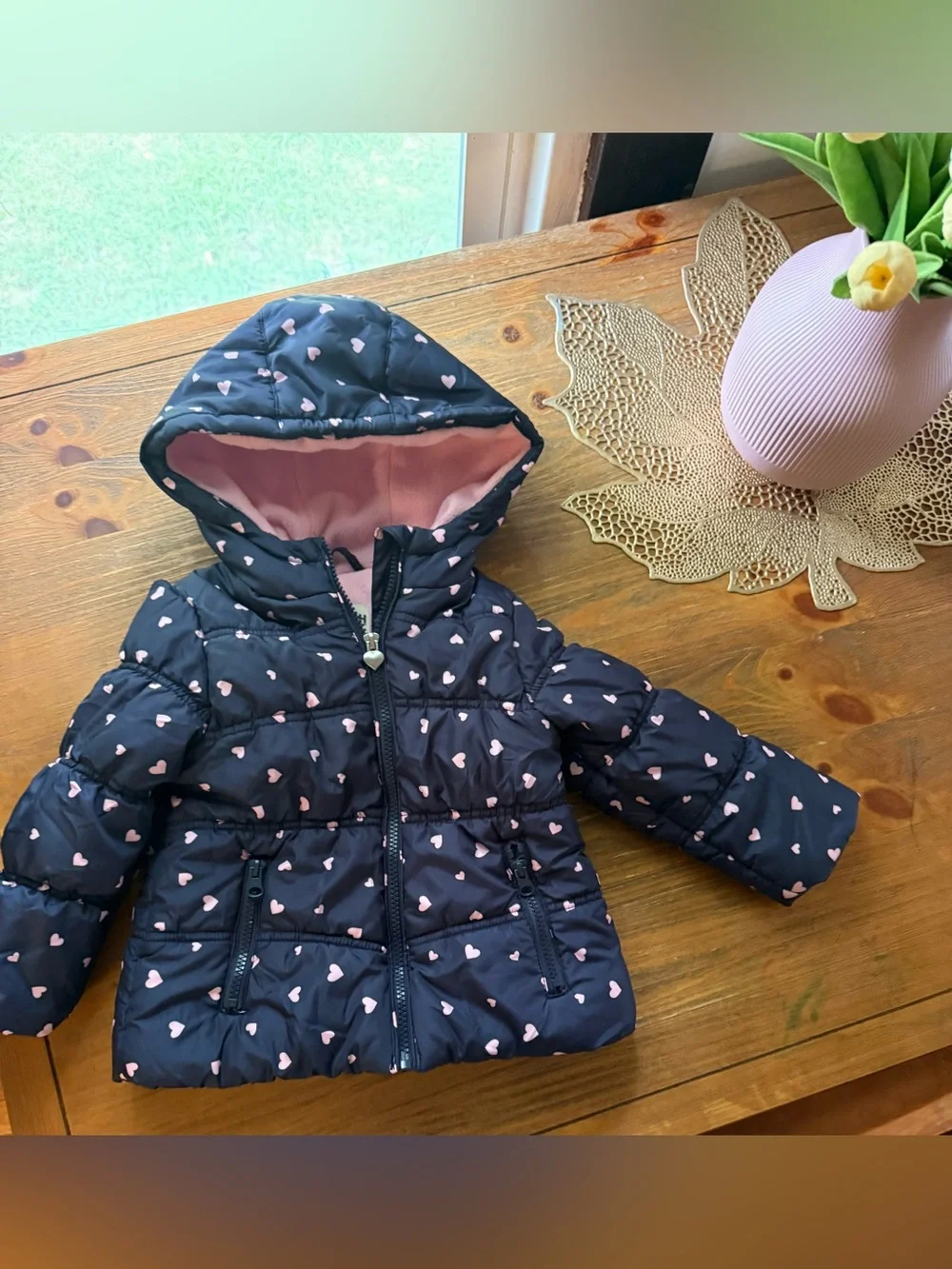 OshKosh B'gosh Black Puffer Jacket with Pink Heart Print